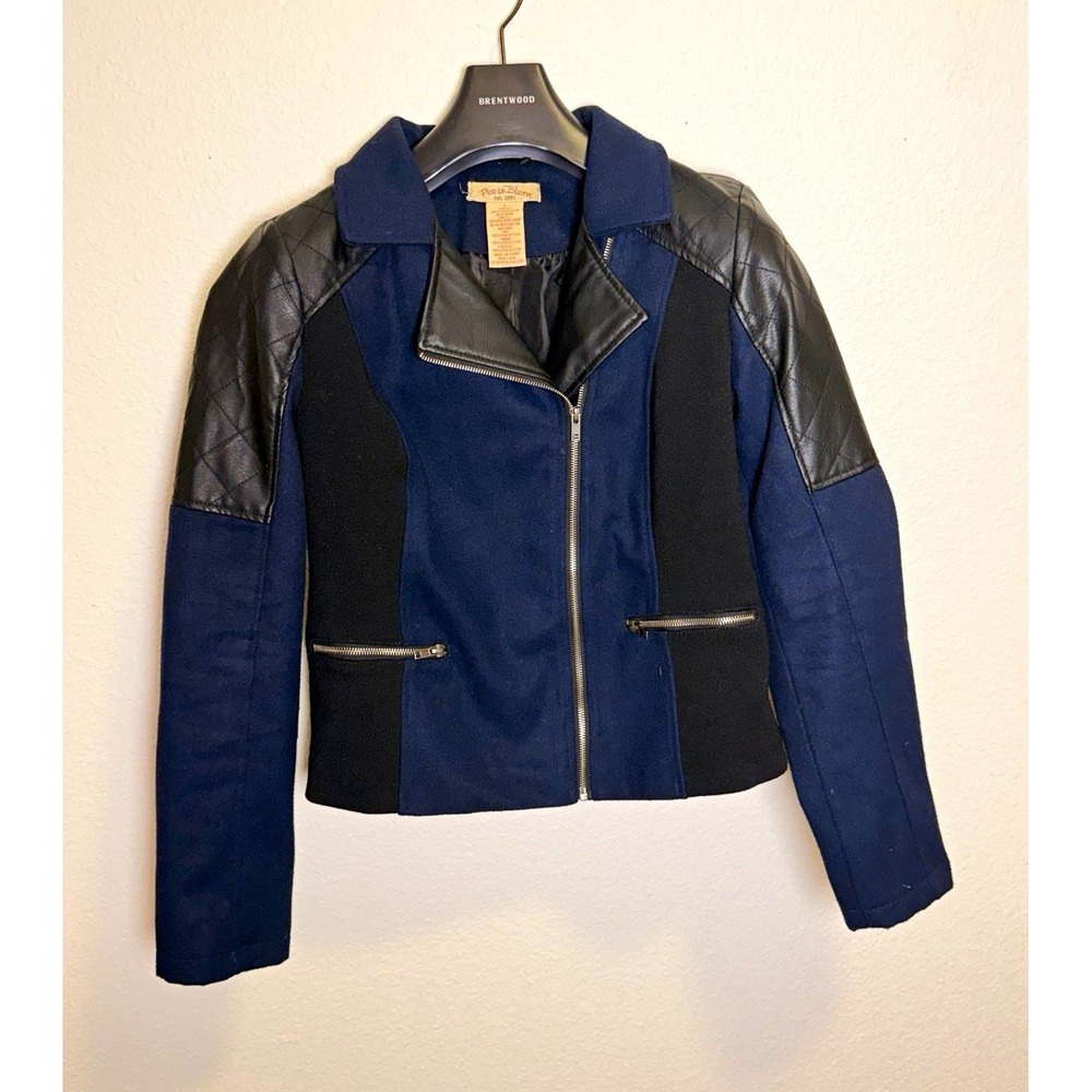 Paris Blues Blue Black Quilted Fleece Moto Biker Jacket Full Zip Womens Large